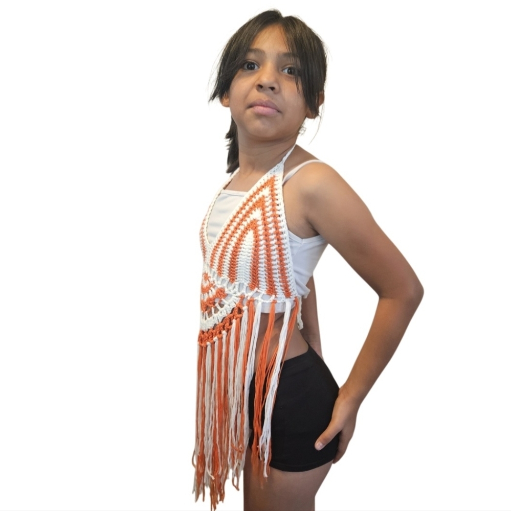 Hand Crafted Crochet Orange White Crop Top Fringe Summer - Picture 13 of 17